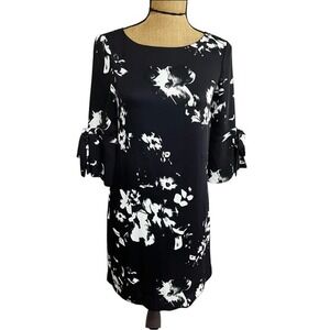 H&M Navy Satin Floral Shift Dress Size 4 Sleeve Bow Cuff Elegant Cocktail NWT